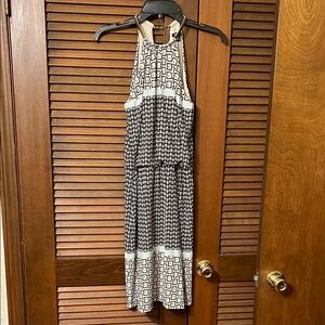 MSK Navy, Black and Cream Patterned Midi Dress. Knit halter style top
